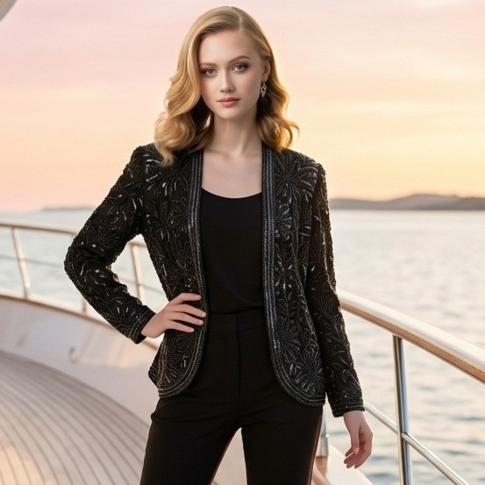 Niteline By Della Raufogali Beaded Silk Jacket Black Sequin Artsy Holiday Size L